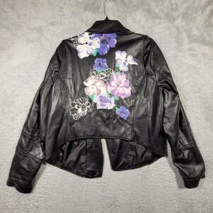 Torrid Black Faux Leather Moto Jacket Floral Embellished Back Women 2 2X